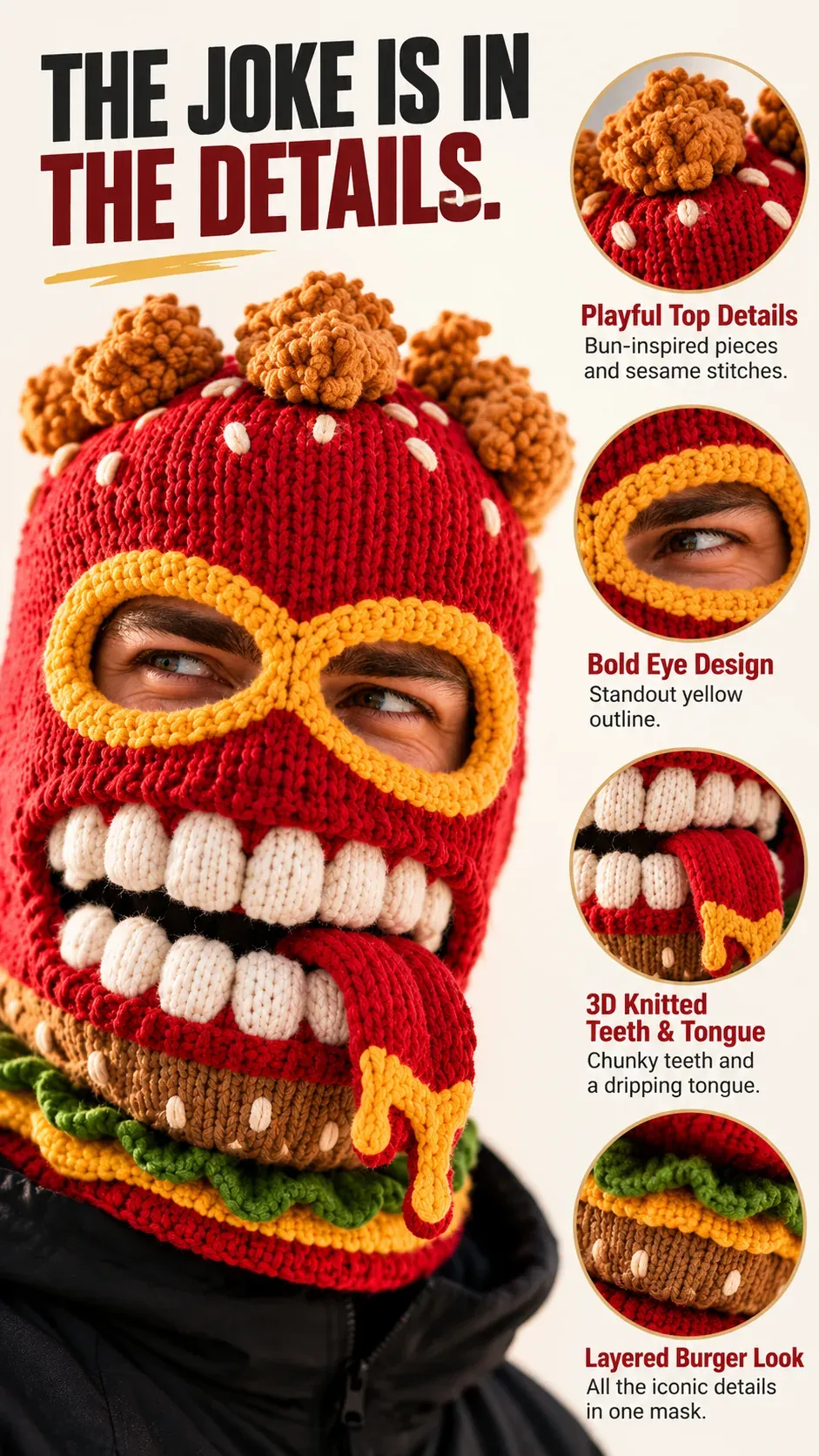 Close-up details of the Burger Monster knit ski mask