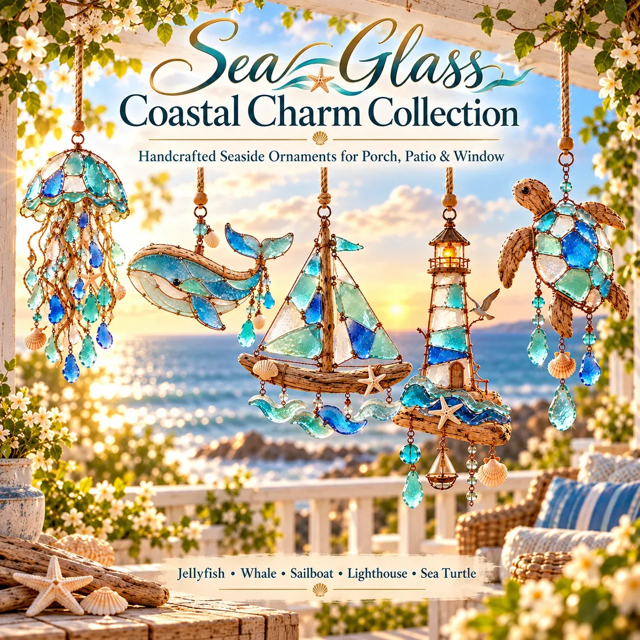 Sea Glass Coastal Charm Collection with jellyfish whale sailboat lighthouse and sea turtle