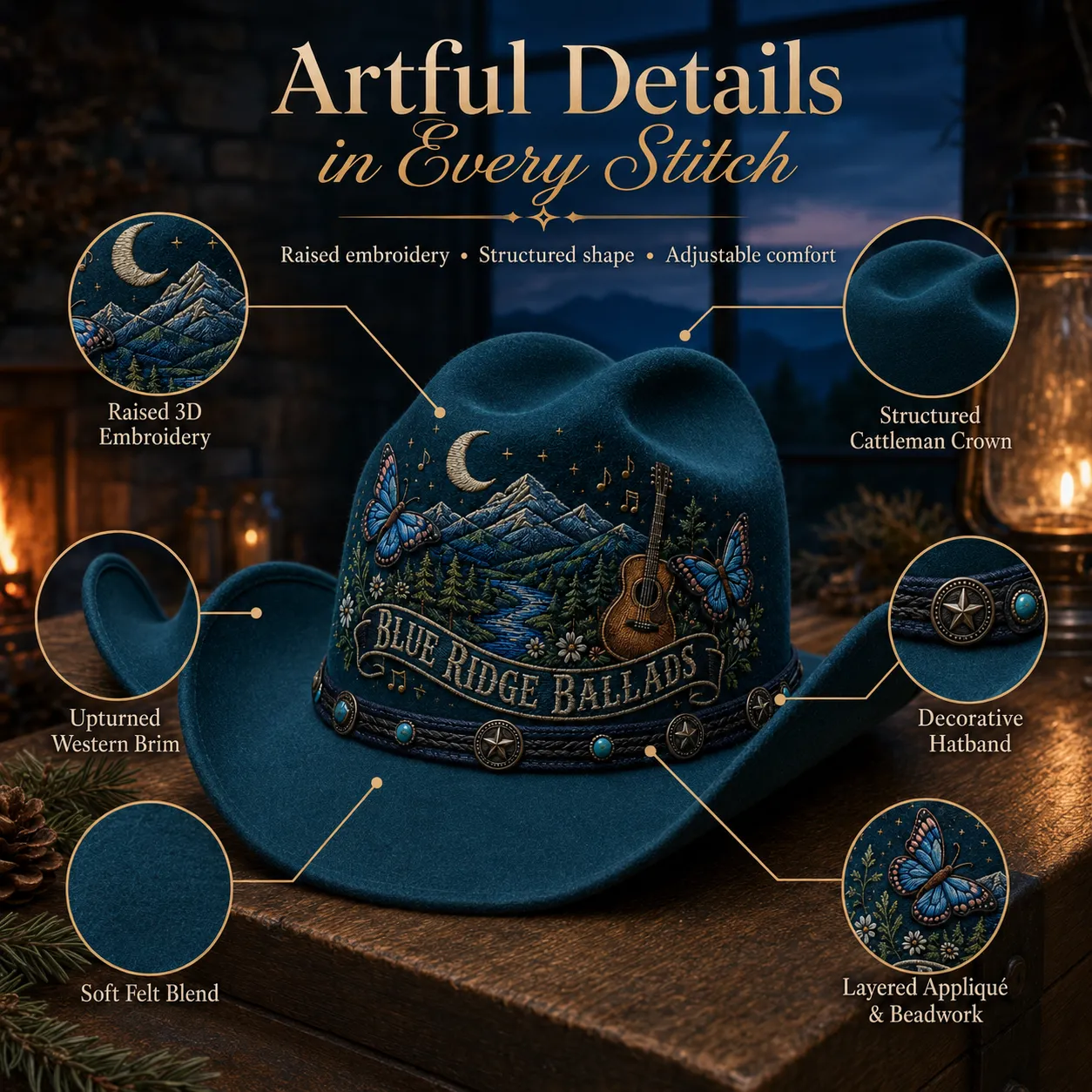 Close-up view of raised embroidery, soft felt blend, western brim and decorative hatband