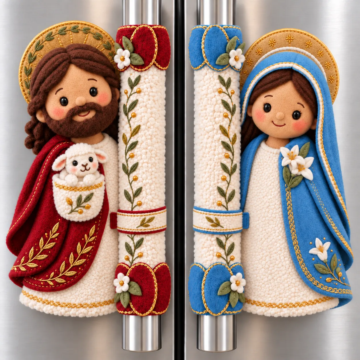 Jesus and Mary plush figures beside embroidered ivory refrigerator handle covers