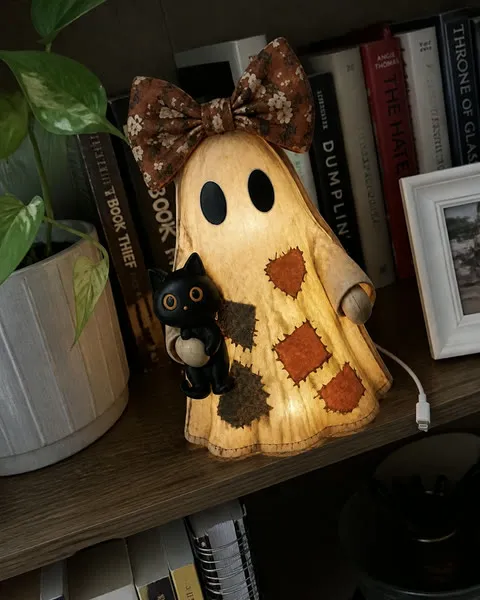 Cat-hugging patchwork ghost on a home-office bookshelf