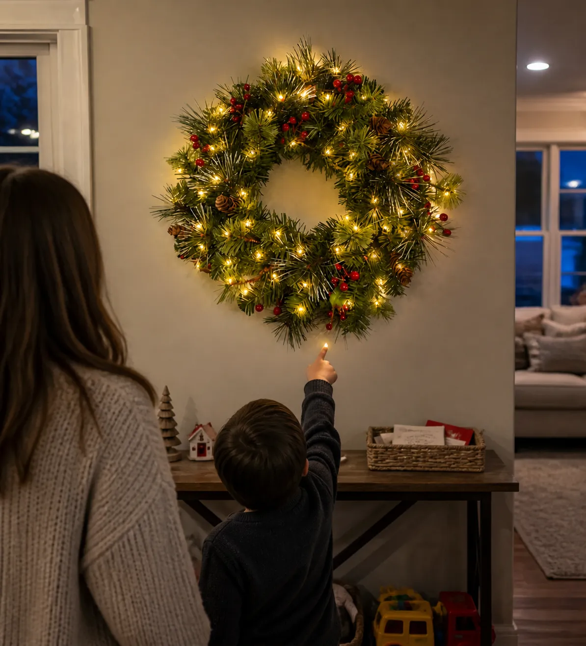 Family admiring a glowing wreath in the living room
