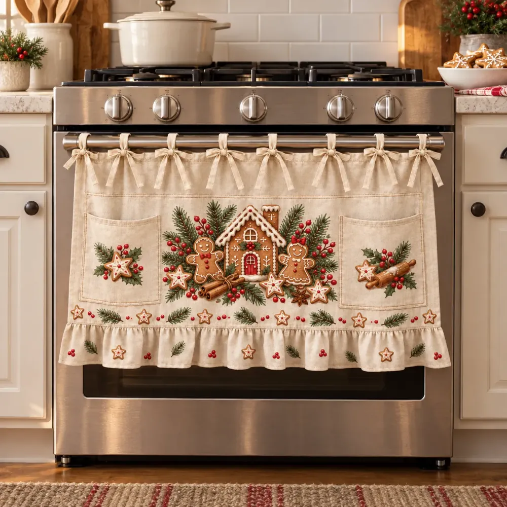 Gingerbread Baking Day decorative kitchen skirt tied to a horizontal oven handle