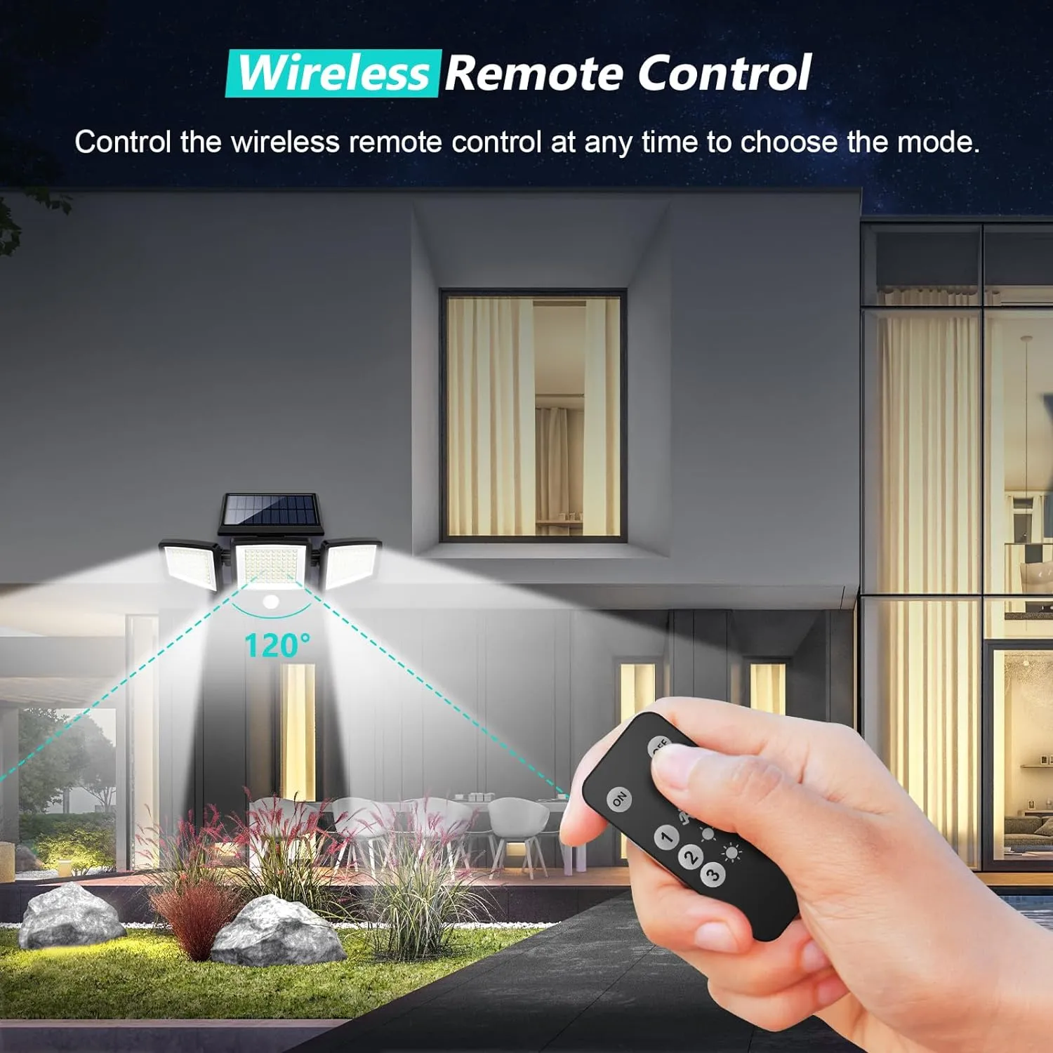 Using the included remote to control the three-head outdoor light