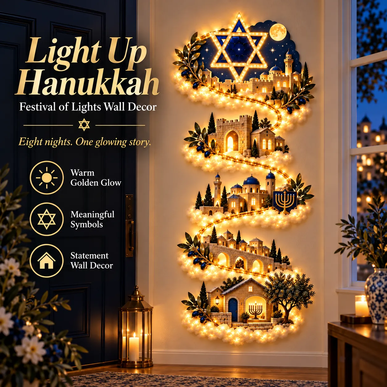 Jerusalem Lights Hanukkah wall decor with a radiant Star of David, layered city scenes and warm golden light