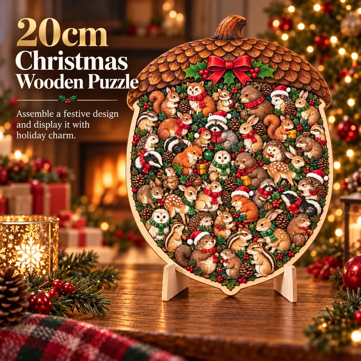 Christmas wooden puzzle with a winter design and matching stand