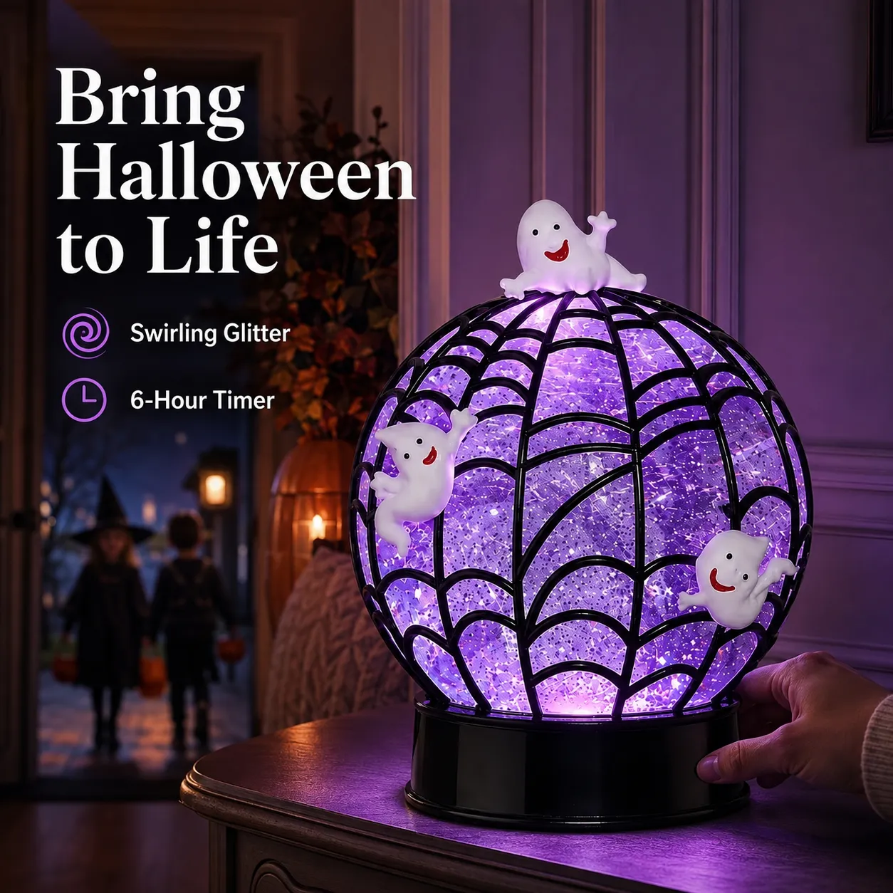 Ghost glitter globe glowing in a Halloween entryway