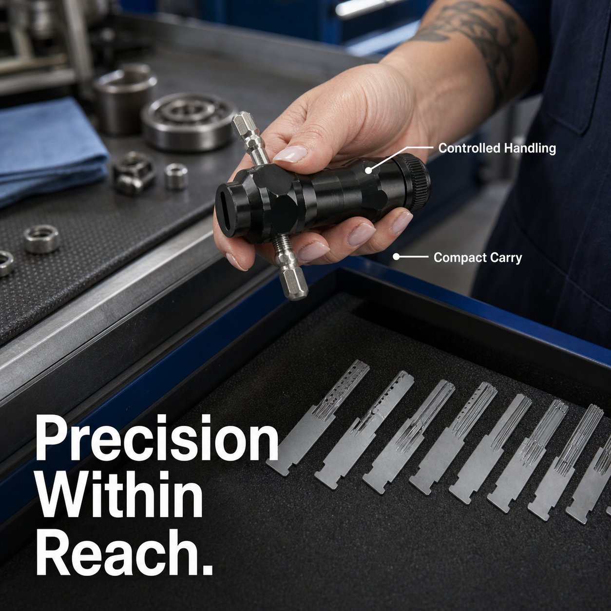9-in-1 precision service tool kit arranged on a professional workbench