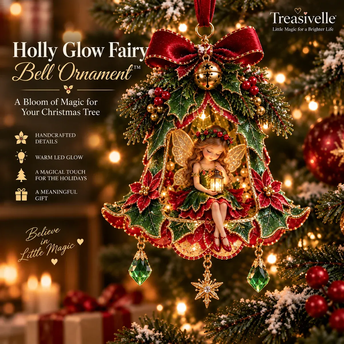 Holly Glow Fairy Bell Ornament