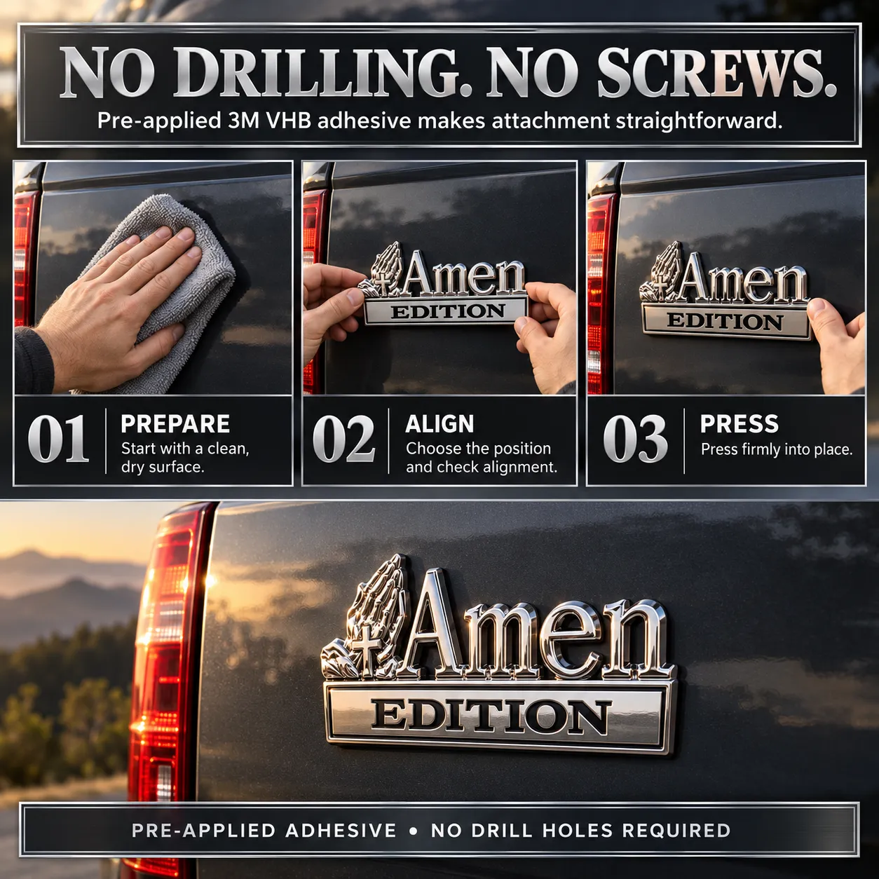 Three installation steps for the adhesive emblem: prepare a clean dry surface, align the badge and press it into place