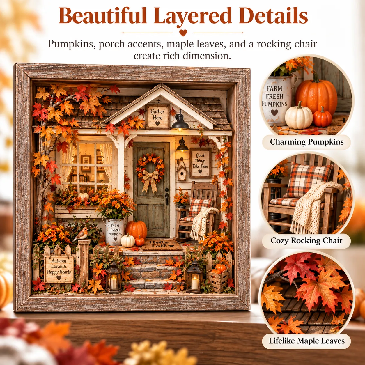 Finished autumn porch model placed on mantel shelf