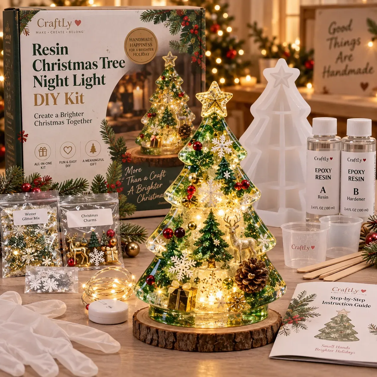 Resin Christmas tree night light with mold, resin bottles and decorating supplies