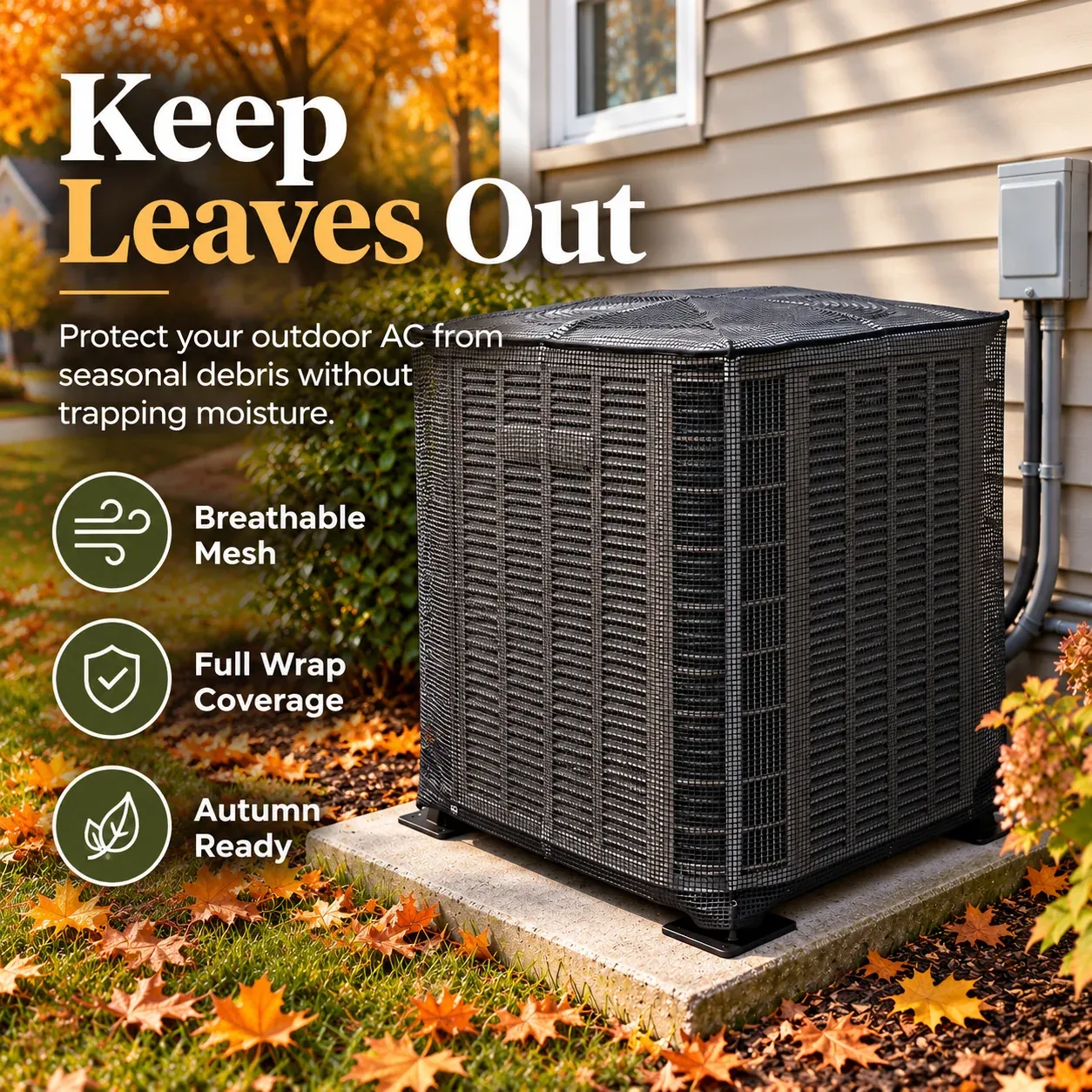 Outdoor air conditioner protected by breathable mesh cover during fall