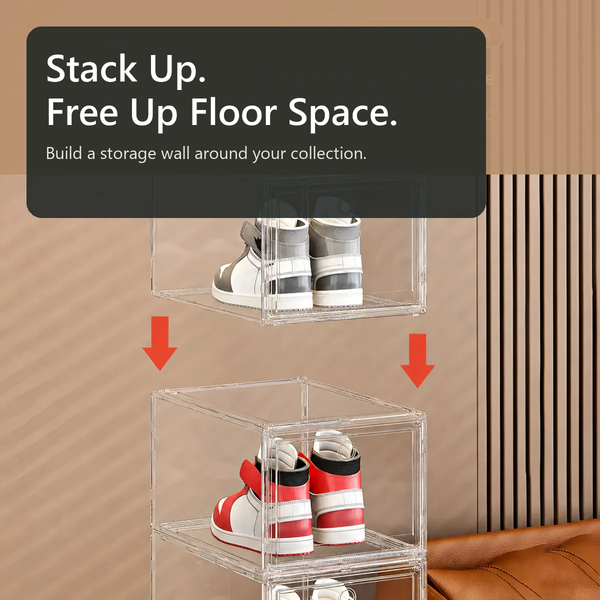 Stacked transparent shoe boxes showing visibility and access