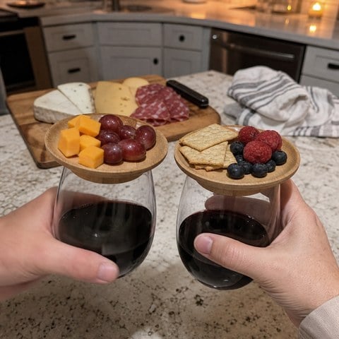 Couple using bamboo wine glass toppers during a cheese night