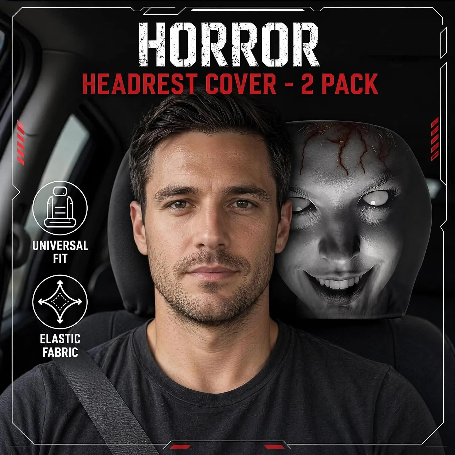Two matching scary face covers installed on car headrests
