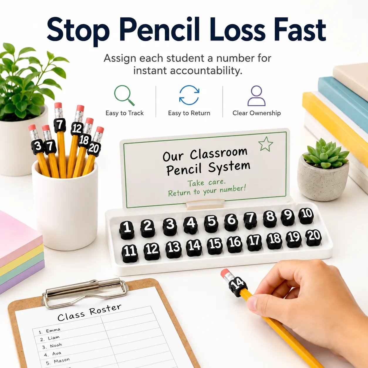 Pencil toppers arranged with numbers