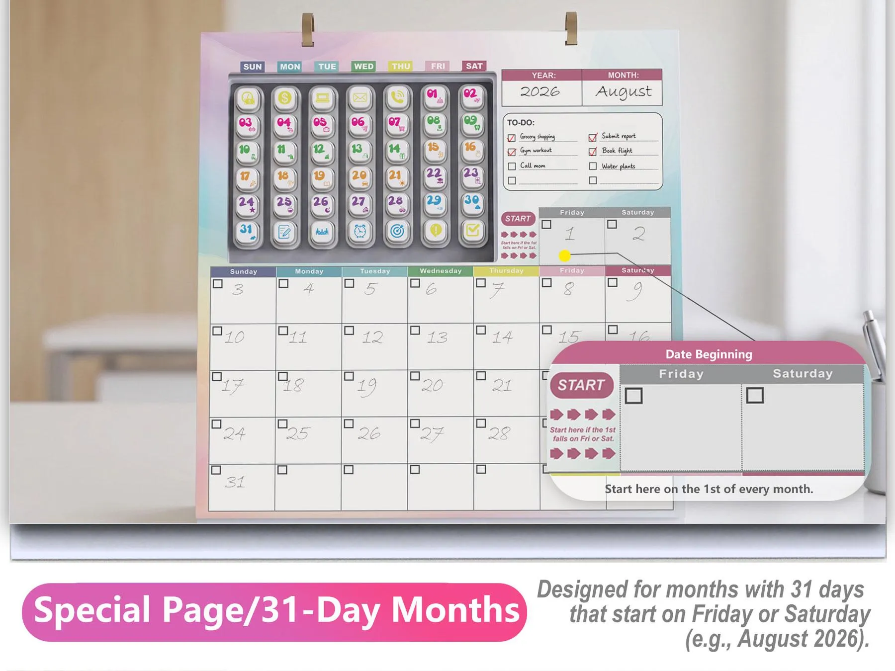 Extended 31 day reusable calendar layout
