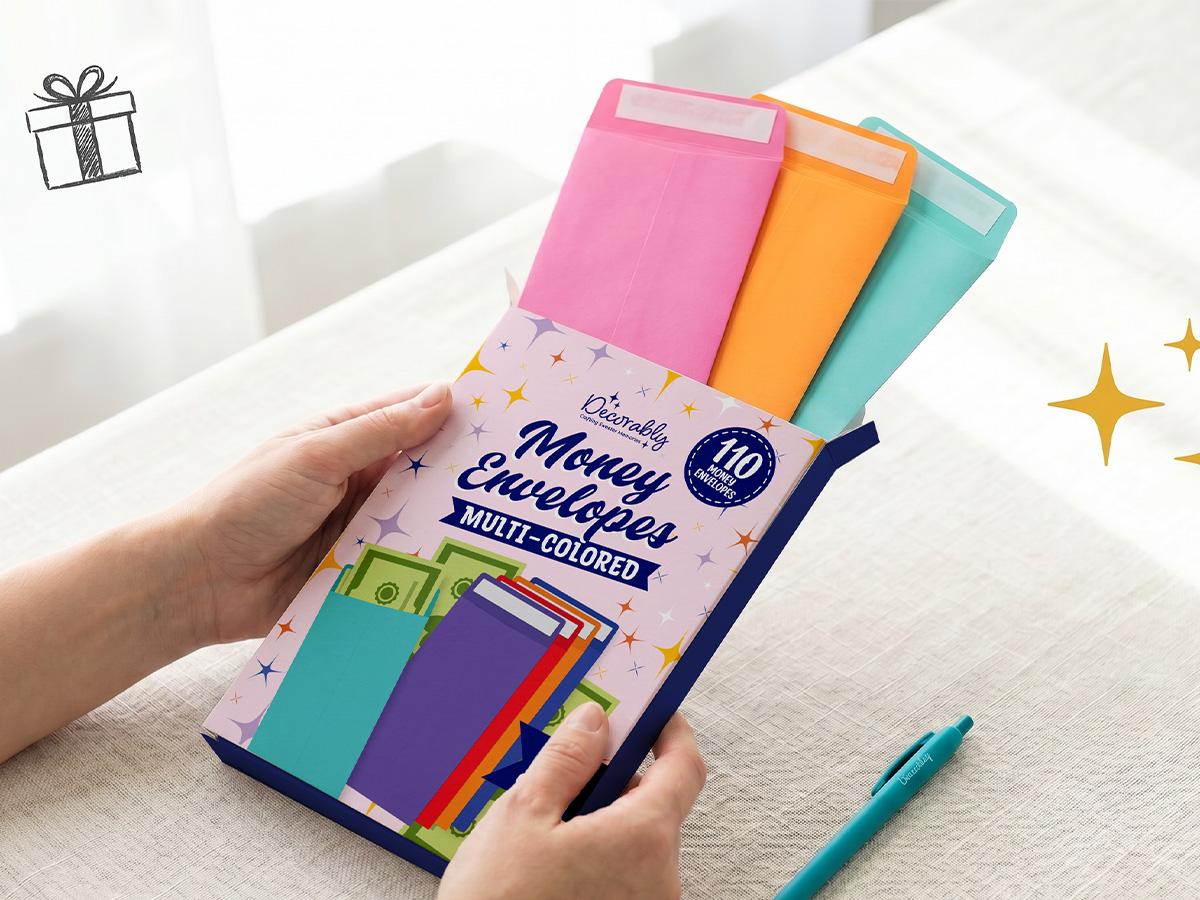 Decorably 110 Pack Colorful Money Envelopes for Cash, 6.5 x 3.5in with Self-Adhesive, Thick 100GSM, Coins, Tip, Gift, Trinkets, Small Items, Banking, Business, Jewelry