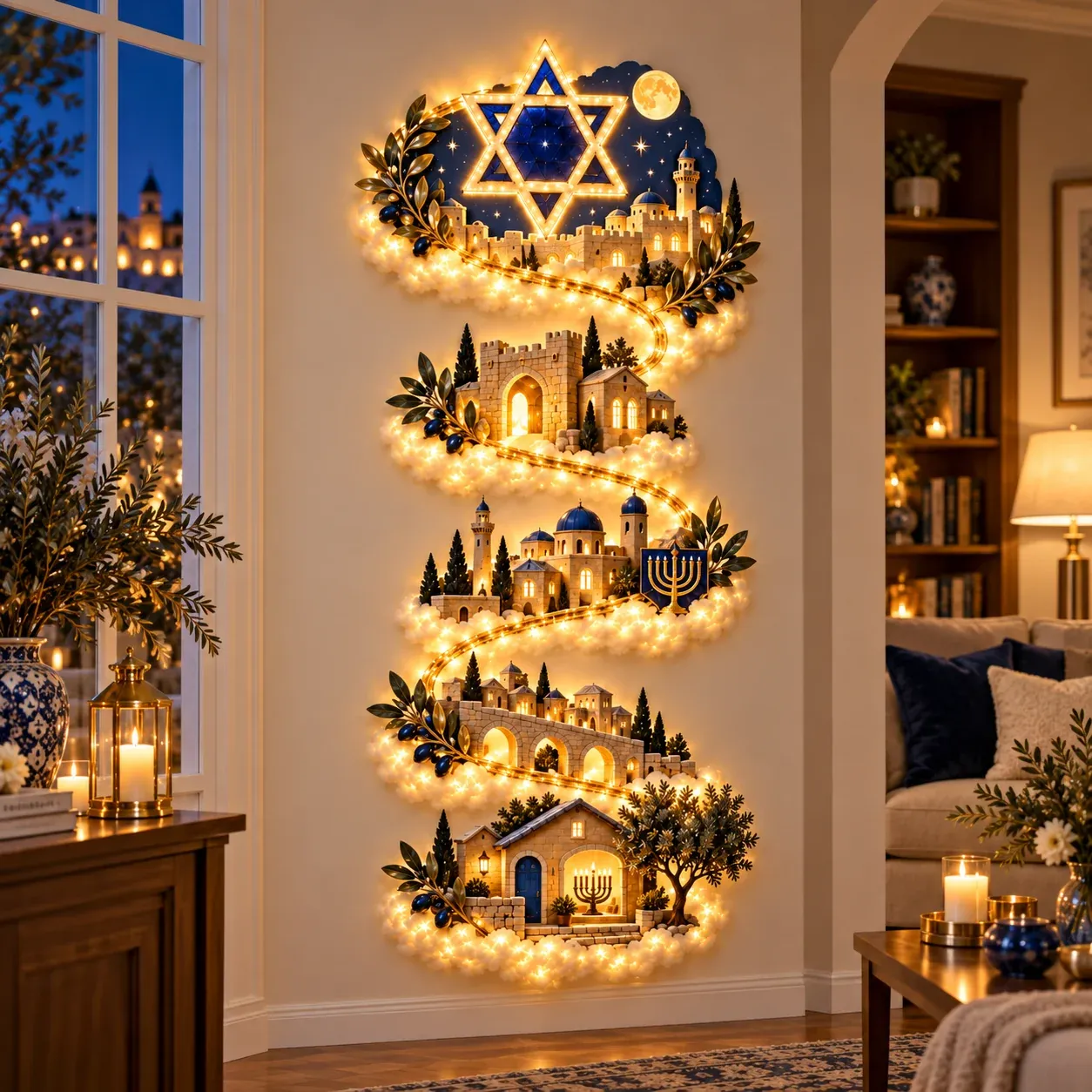 Star of David and glowing city Hanukkah wall decor