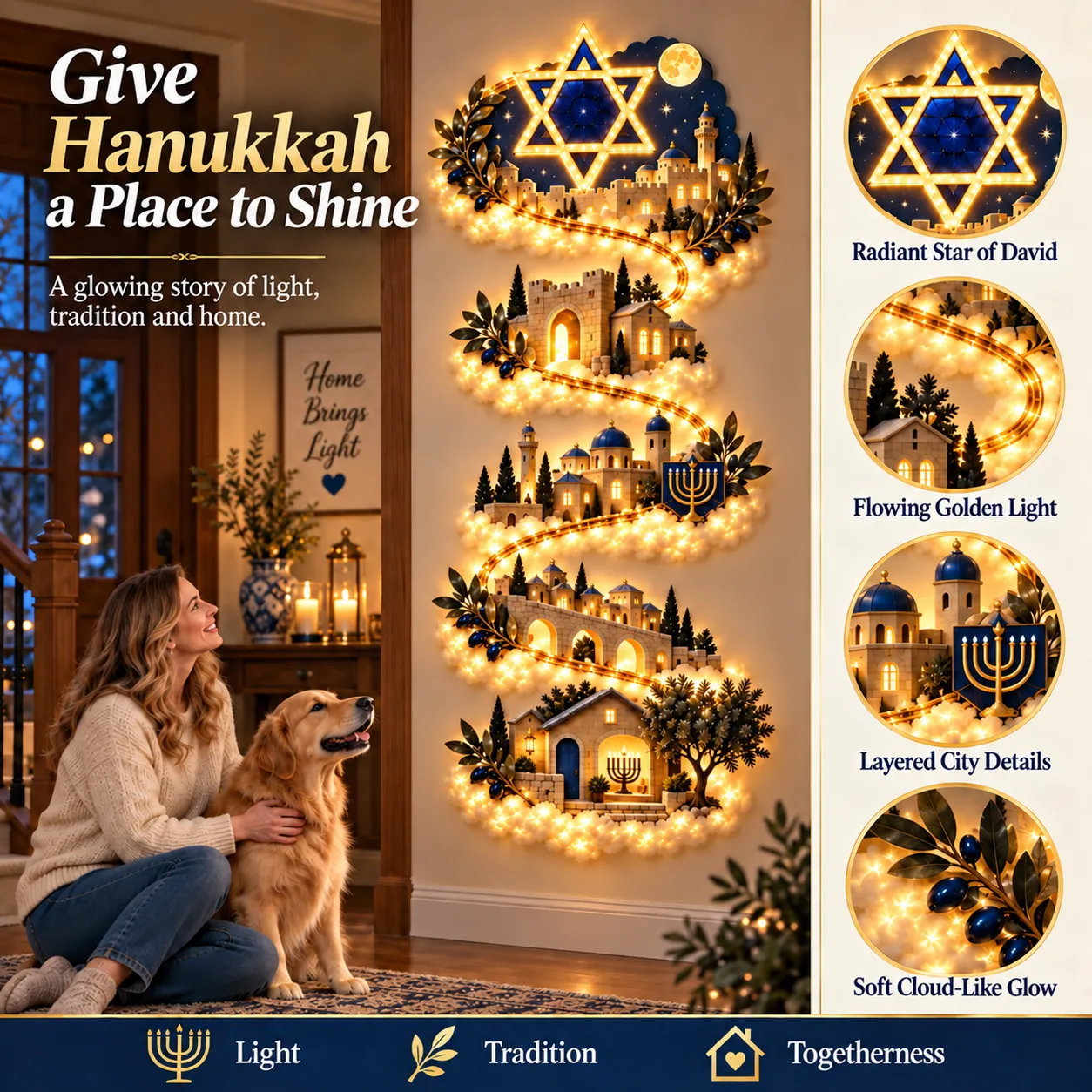 Close views of the Star of David, golden light path, layered city buildings and cloud-like details on Jerusalem Lights