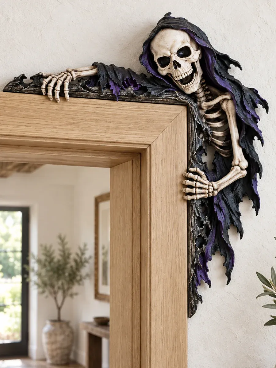 Reaper corner ornament displayed on a natural wood doorway in a bright everyday interior