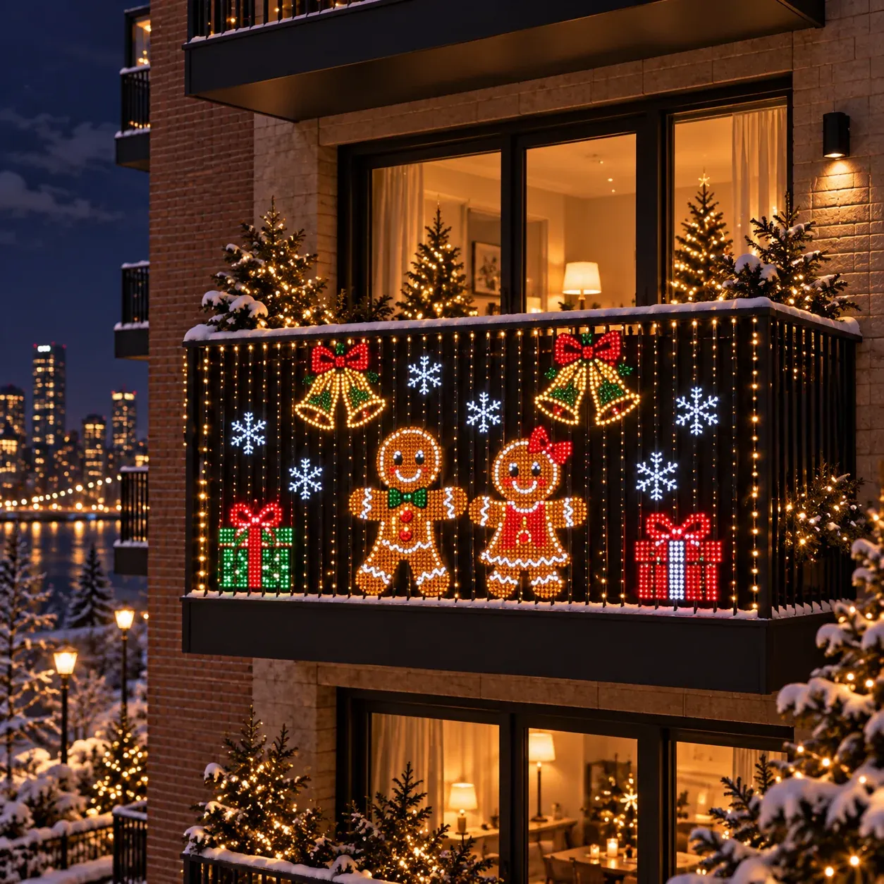 Gingerbread and holiday patterns displayed across an LED curtain