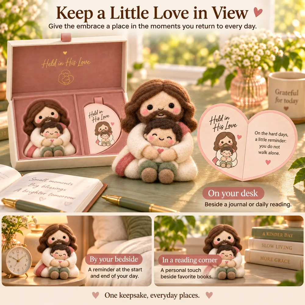 Jesus keepsake shown beside a journal, at a bedside and in a reading corner
