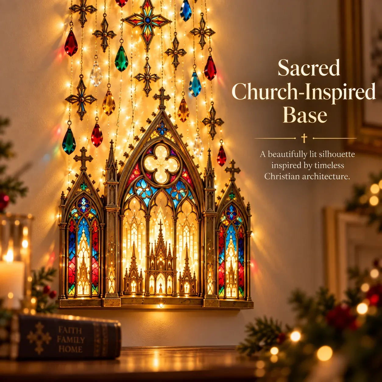 Illuminated Gothic church-inspired base with colorful window details