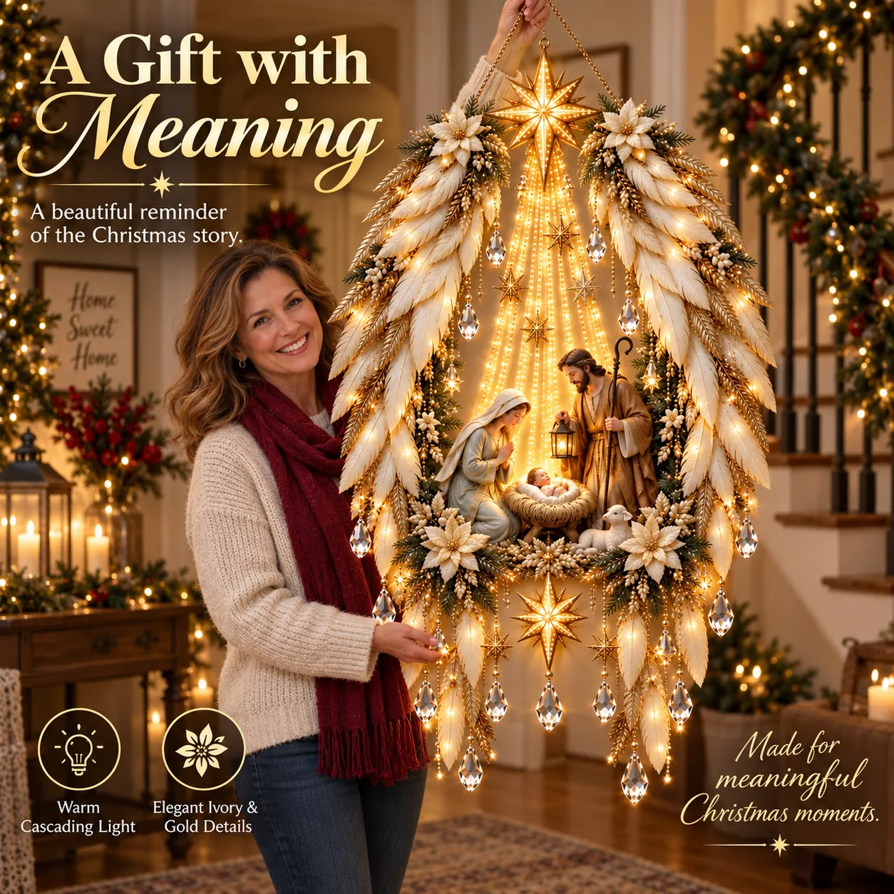Woman holding the complete ivory and gold Nativity wall display with its stars, wings and hanging accents visible