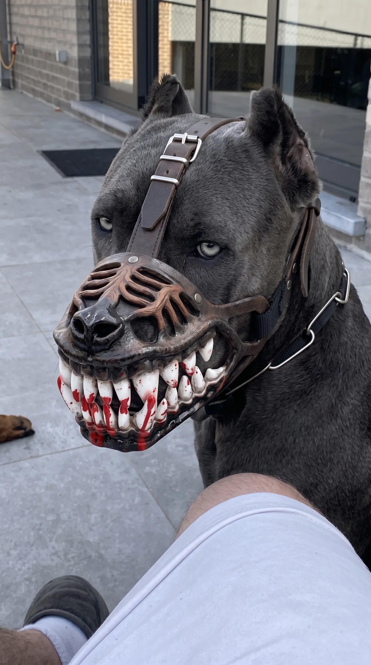 Fierce monster teeth detail on hell hound dog muzzle