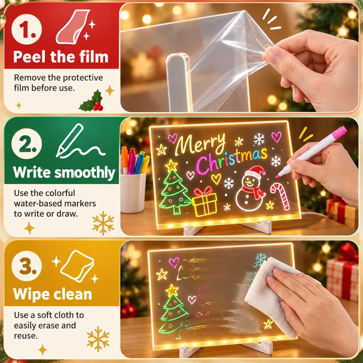 Peel film write and wipe clean instructions for LED acrylic board