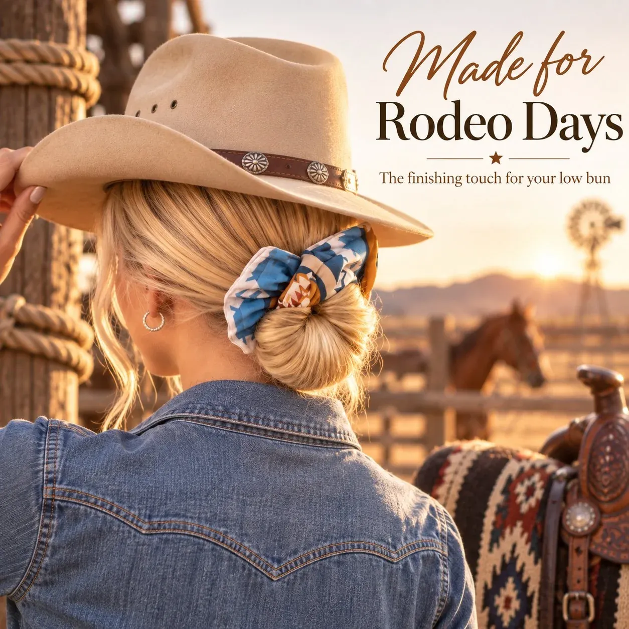 Southwest bow worn with a denim jacket and cowboy hat in a Western setting