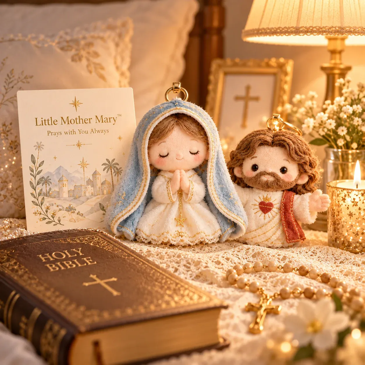 Little Mother Mary and Little Jesus of Love displayed beside a Bible
