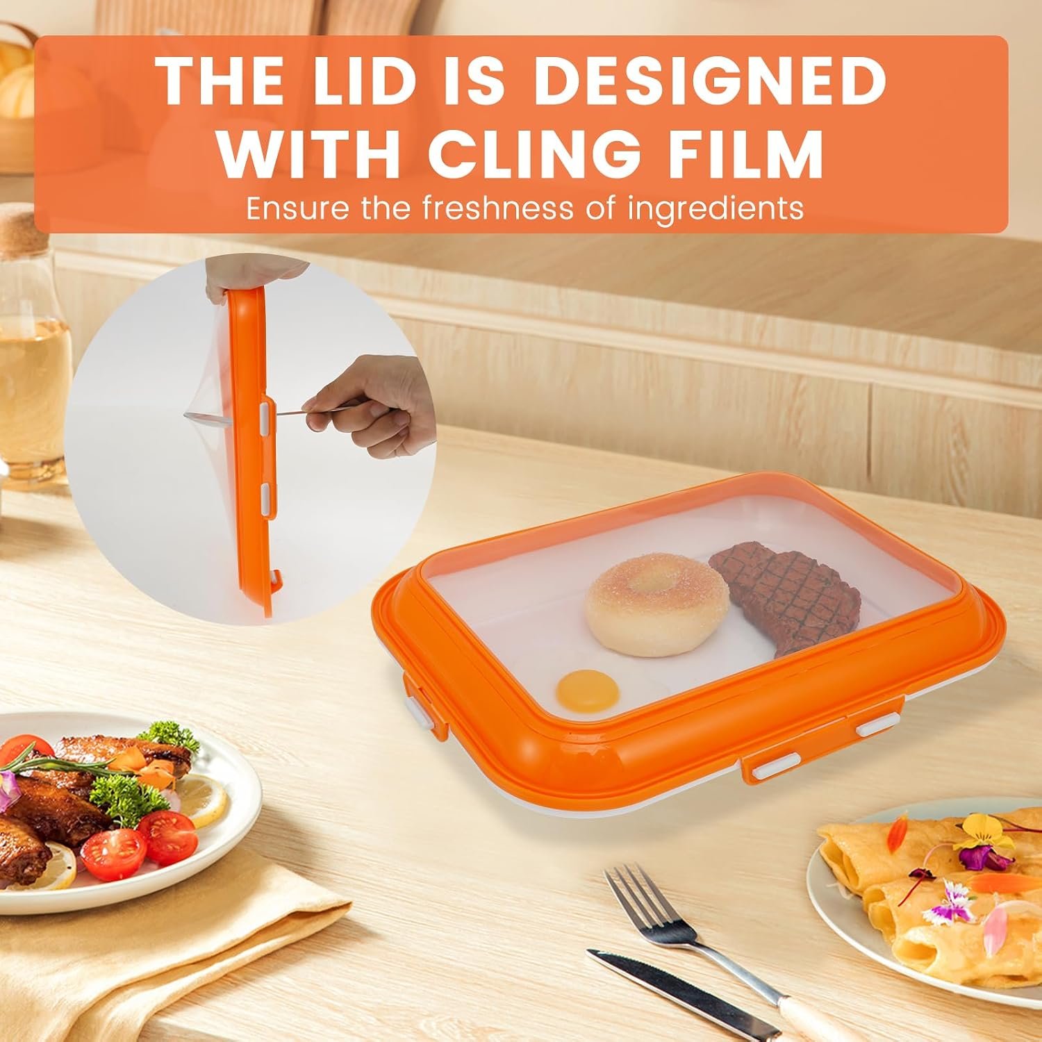 Flexible film lid covering food on the shallow tray