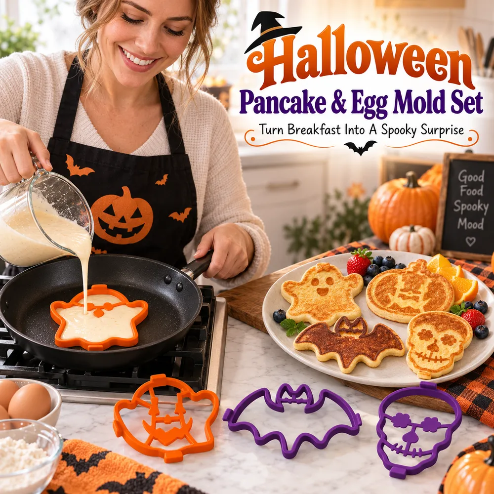 Halloween pancake and egg molds in a kitchen breakfast scene