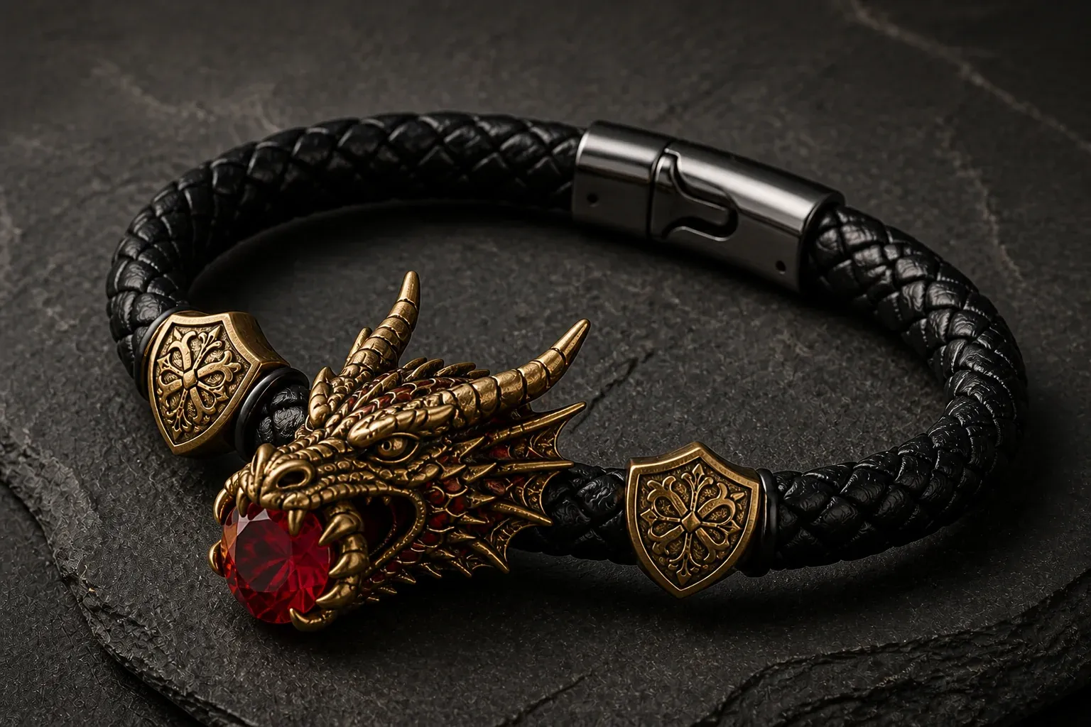 Close view of the sculpted dragon, shield spacers and clasp