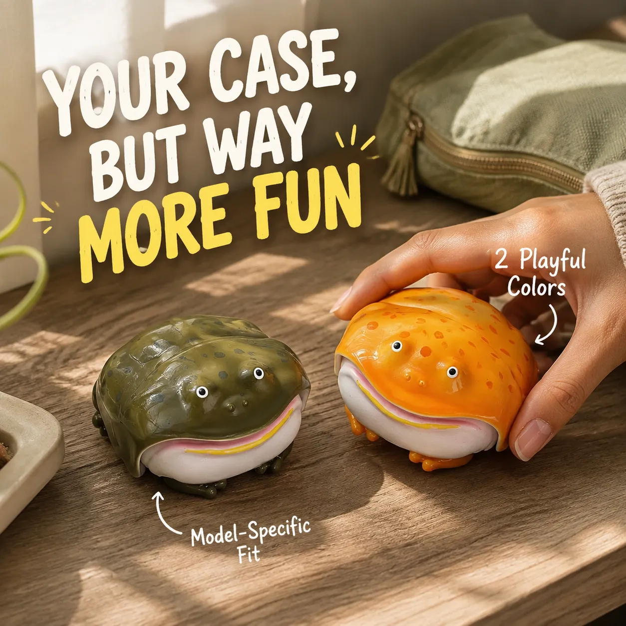 Green and yellow frog earbud cases with two-color choice callouts