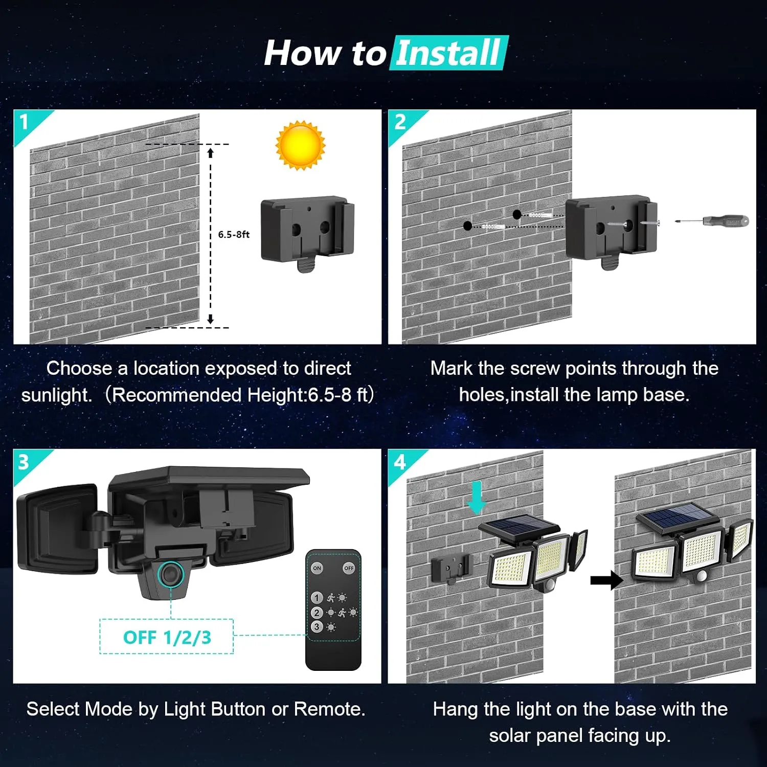 Four-step wall installation guide for the solar light