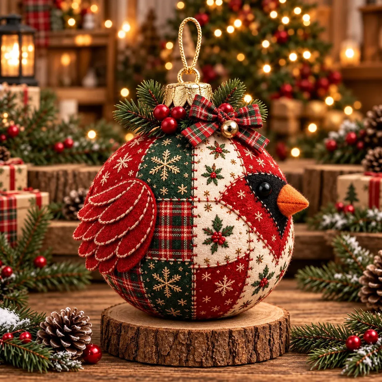 Christmas Cardinal finished patchwork ornament design