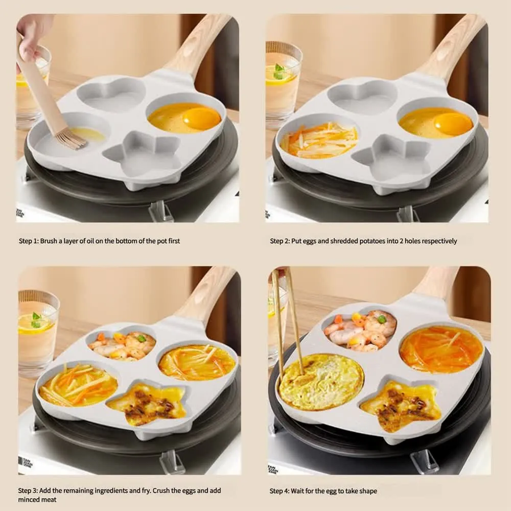 Four illustrated steps for using the breakfast pan