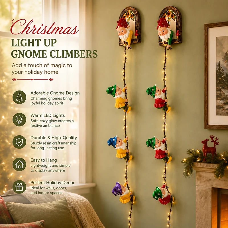Christmas gnome string lights displayed as festive wall decor