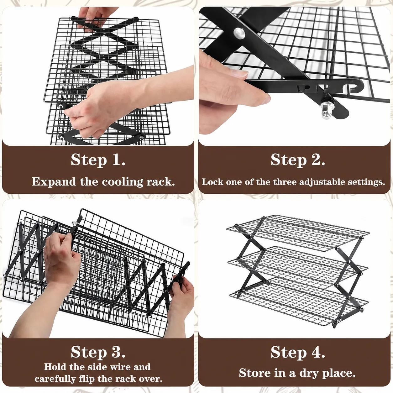Four-step guide for opening, locking and storing the three-tier cooling rack