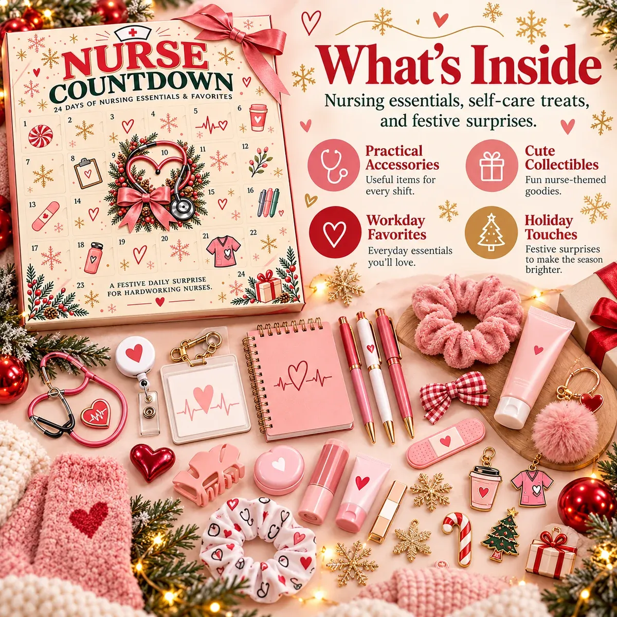 Selection of nurse-inspired accessories, self-care treats and festive surprises