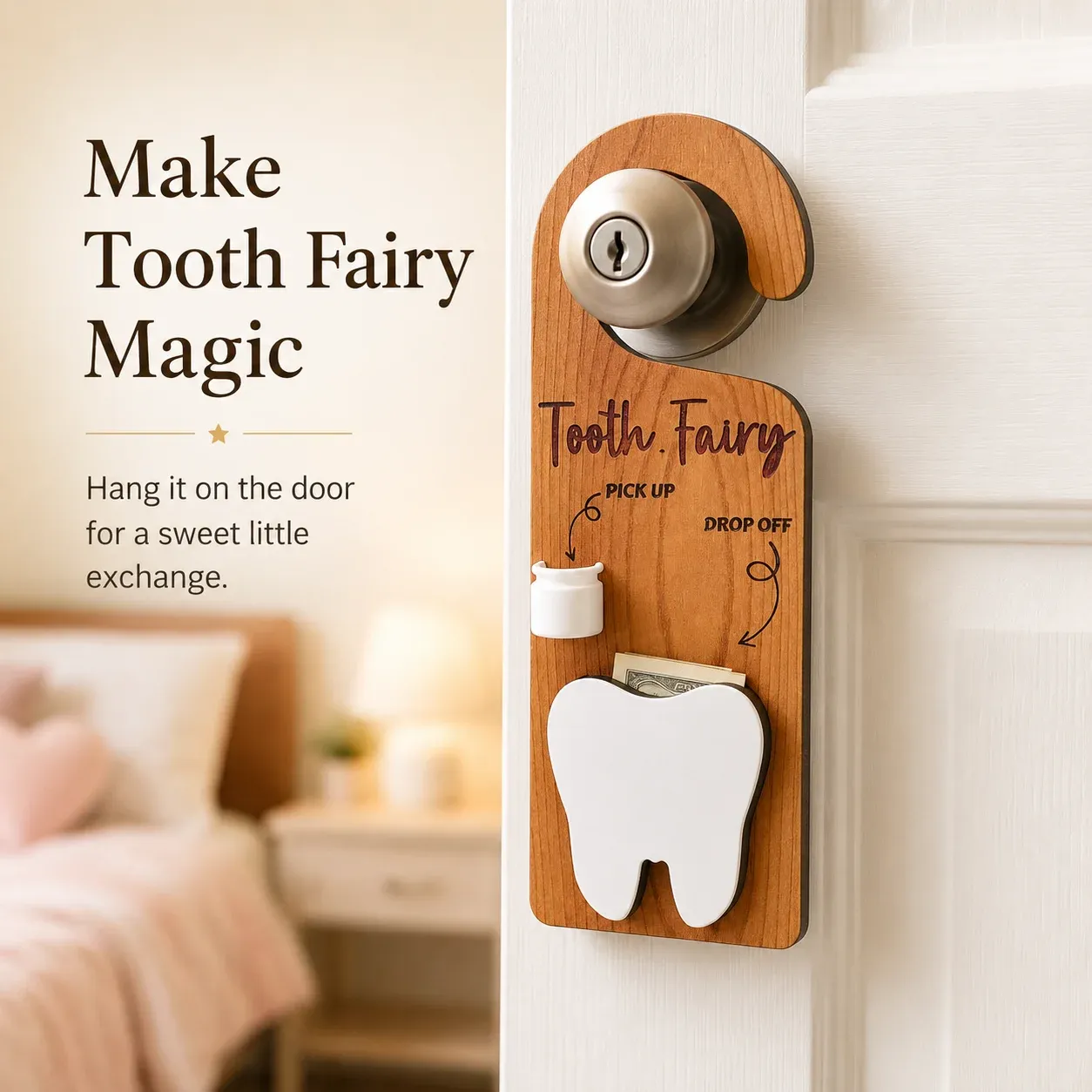 Wooden Tooth Fairy door hanger displayed on a child bedroom door with a folded bill in the tooth-shaped pocket