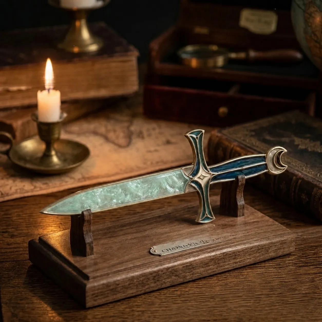 Mystic Green decorative potion athame dagger on a candlelit wooden display