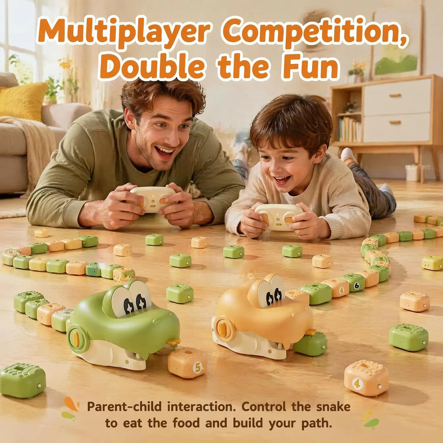 Parent and child competing with remote-control crocodile toys