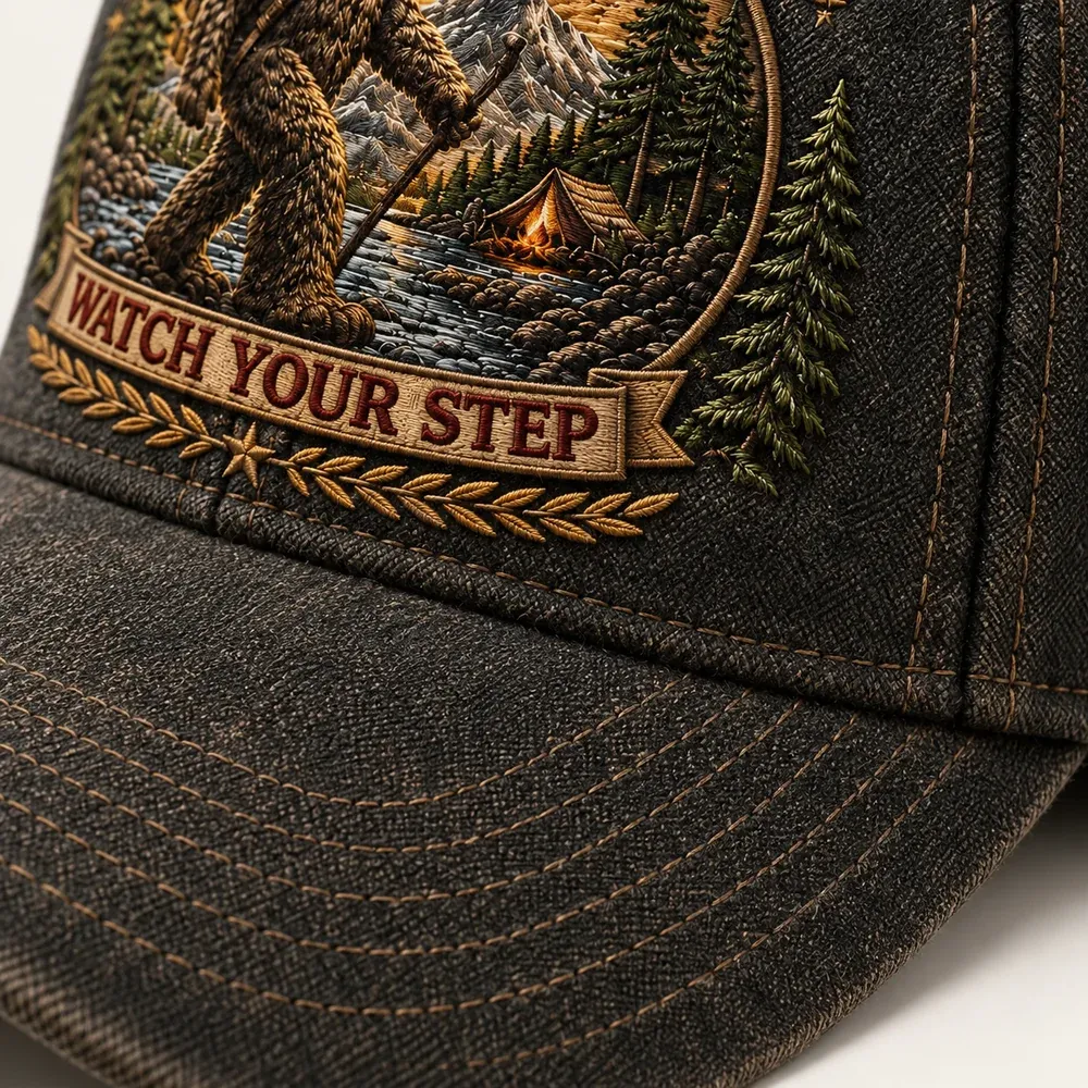 Close up of embroidered Bigfoot cap texture