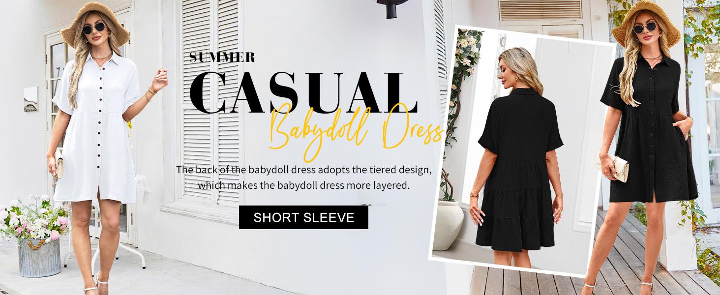 AUSELILY Babydoll Dress for Women Short Sleeve Button Down Textured Non-clingy Loose Fit Flowy Mini Dress with Pockets 2026 New Summer Dress