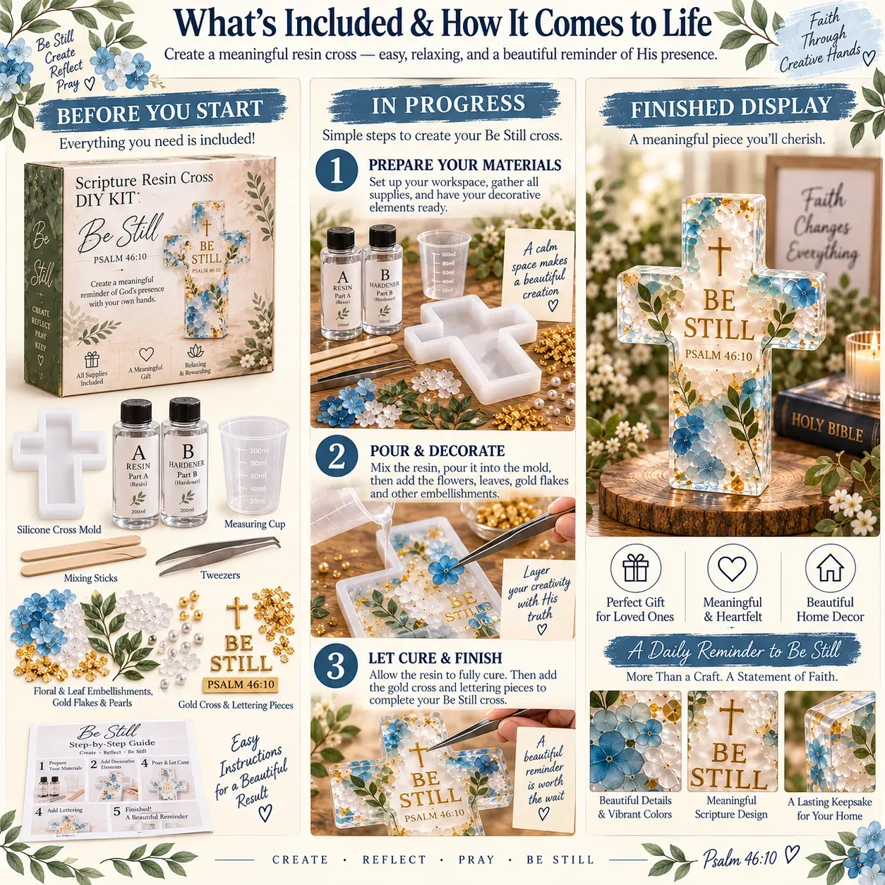 Resin cross DIY kit contents including mold, resin bottles, measuring cup, tools and floral pieces